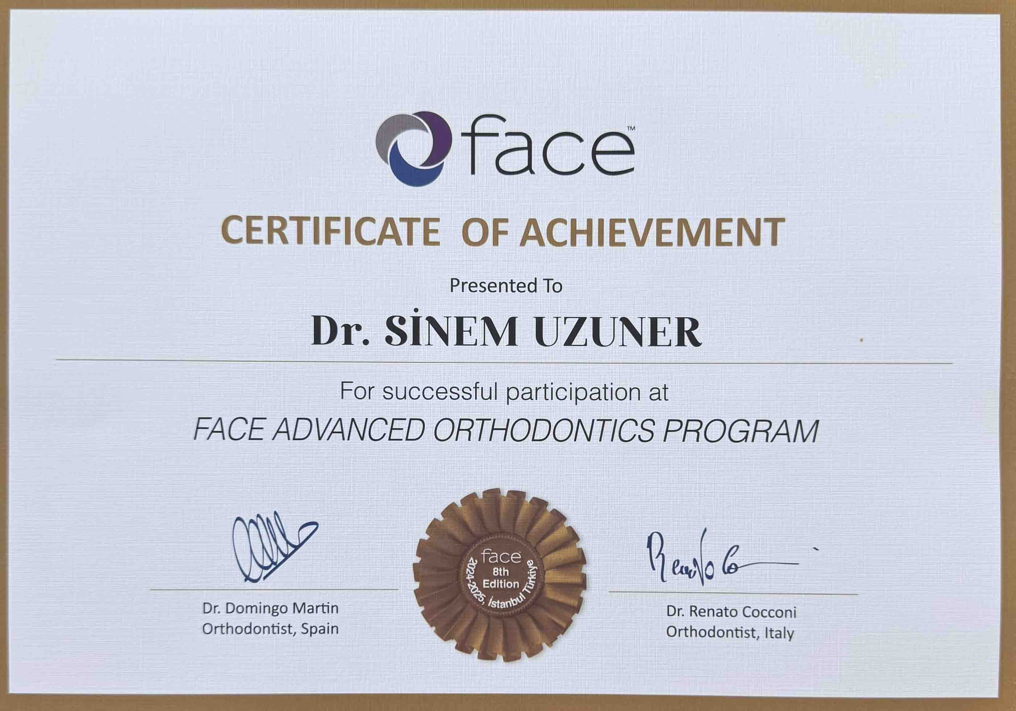 Dr. Sinem Uzuner FACE Eğitimi Sertifikası